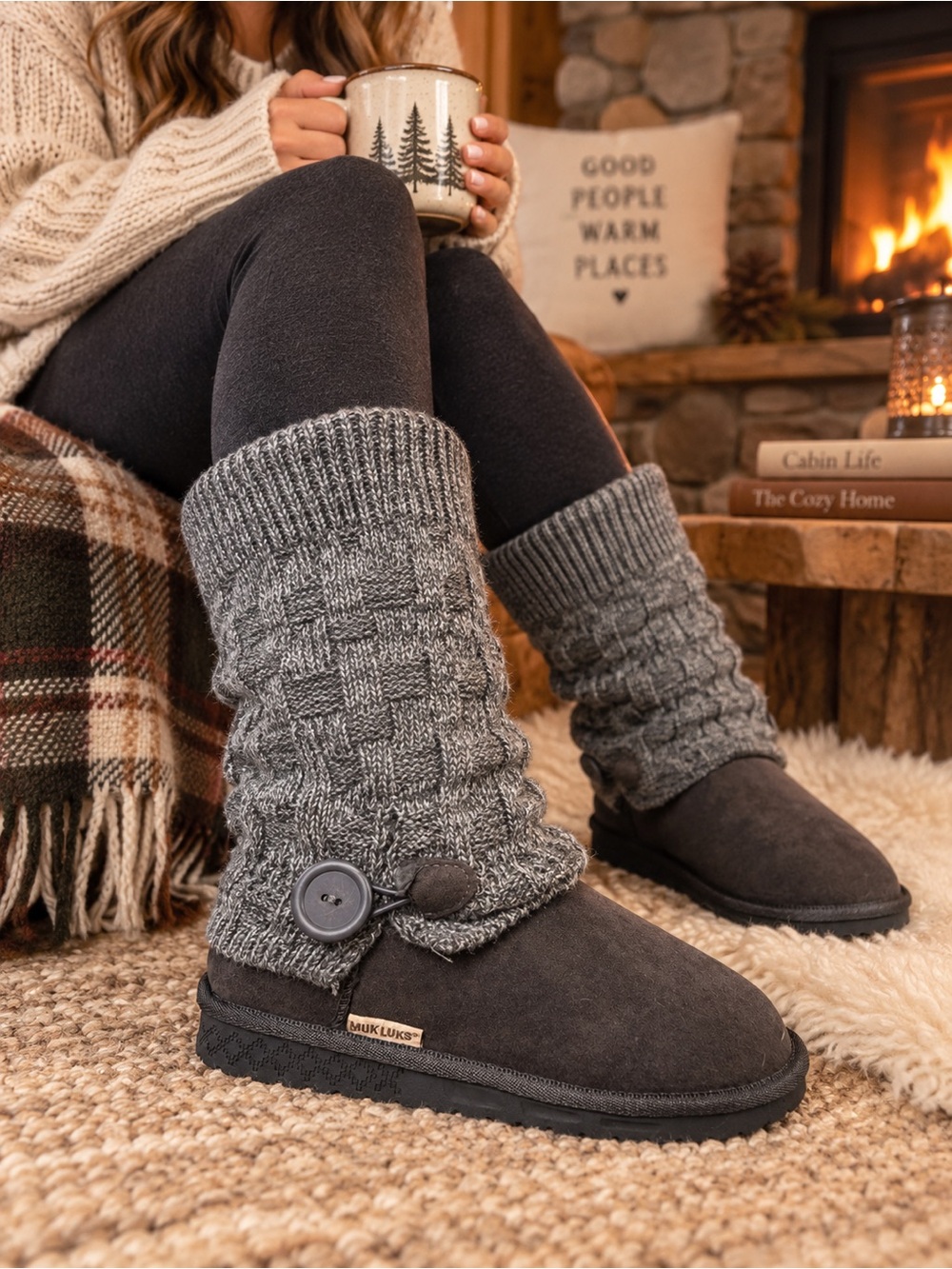 MUK LUKS A La Mode Gray Cable Knit Faux Suede Tall Boots Women’s 7 Y2K